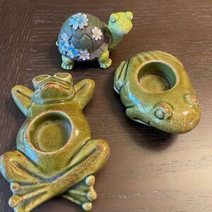 PartyLite Ceramic Frog Candle Holders Bonus Cement Colorful Turtle